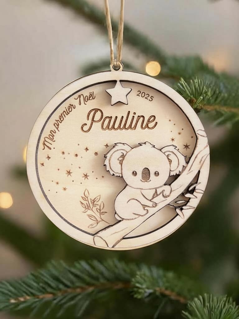 Boule de Noël en bois personnalisée motif Koala, suspendue dans un sapin décoré.