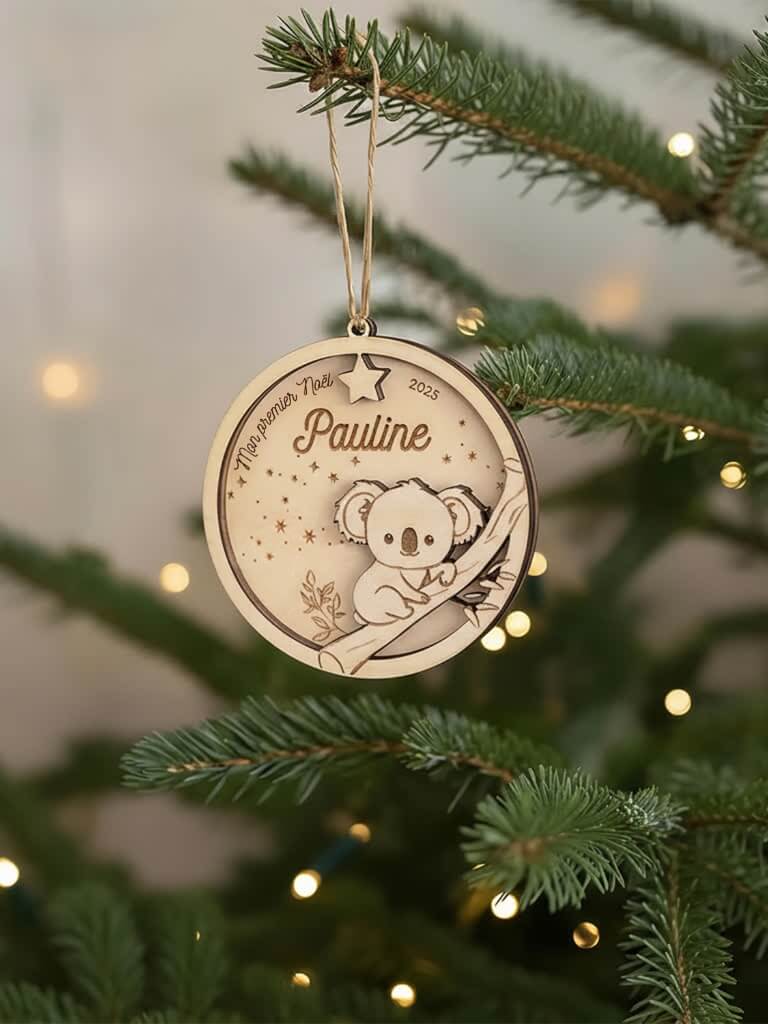 Décoration artisanale de sapin en bois motif Koala, boule gravée et personnalisée.