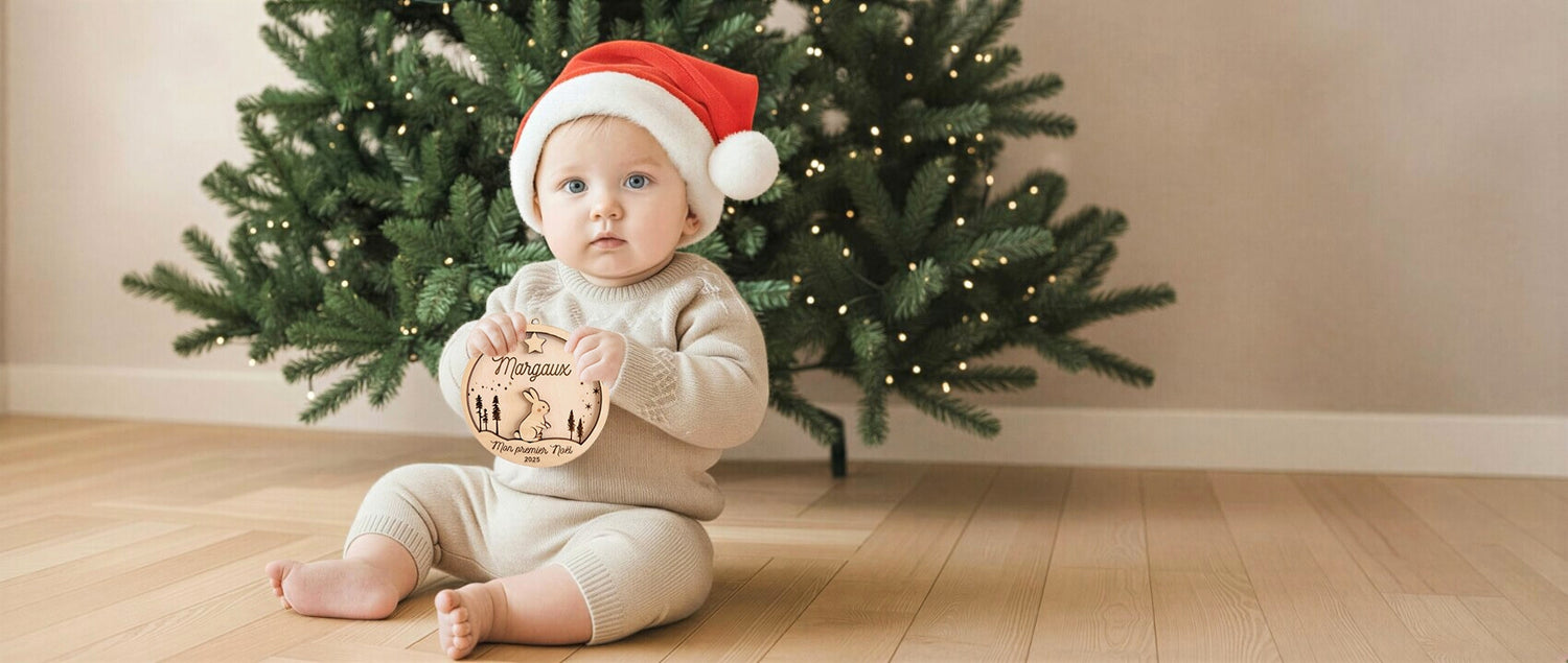 Bébé assis devant un sapin tenant une boule de Noël personnalisée en bois, ambiance douce et naturelle