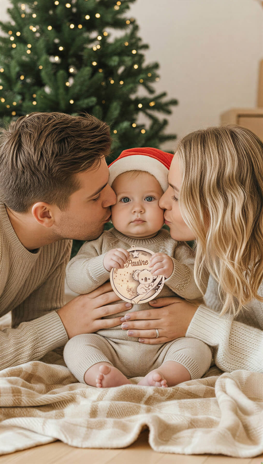 Jeune couple embrassant leur bébé devant un sapin de Noël, l’enfant tenant une boule de Noël personnalisée en bois avec motif koala, dans une ambiance chaleureuse et familiale.