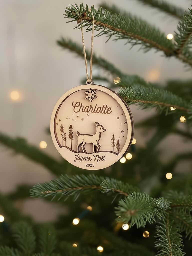 Décoration artisanale de sapin en bois motif Biche, boule gravée et personnalisée.