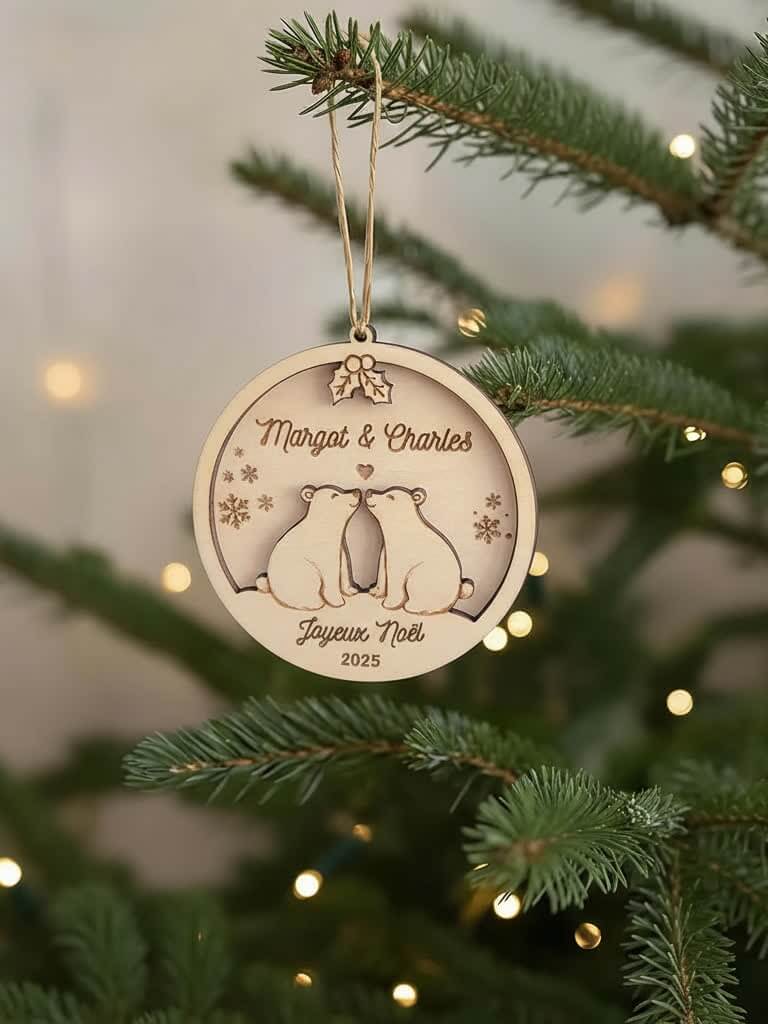 Décoration artisanale de sapin en bois motif Couple d’Ours, boule gravée et personnalisée.