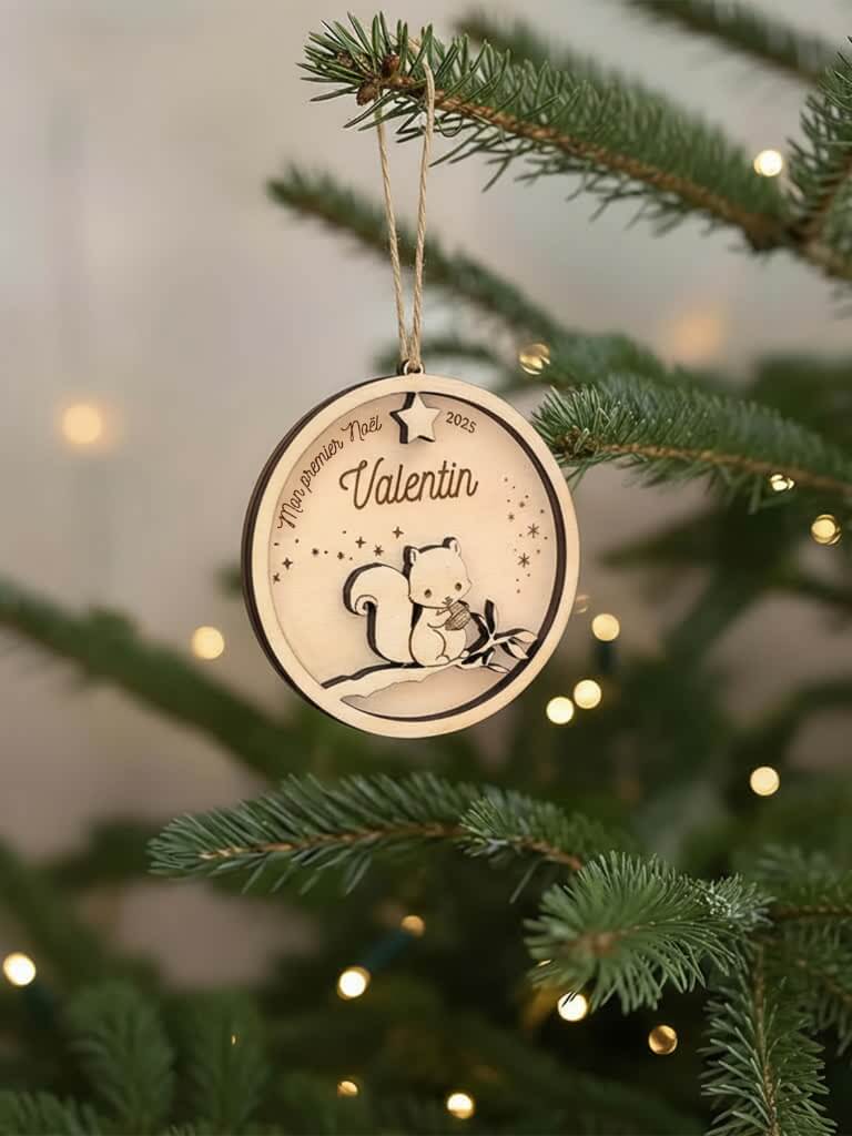 Décoration artisanale de sapin en bois motif Écureuil, boule gravée et personnalisée.