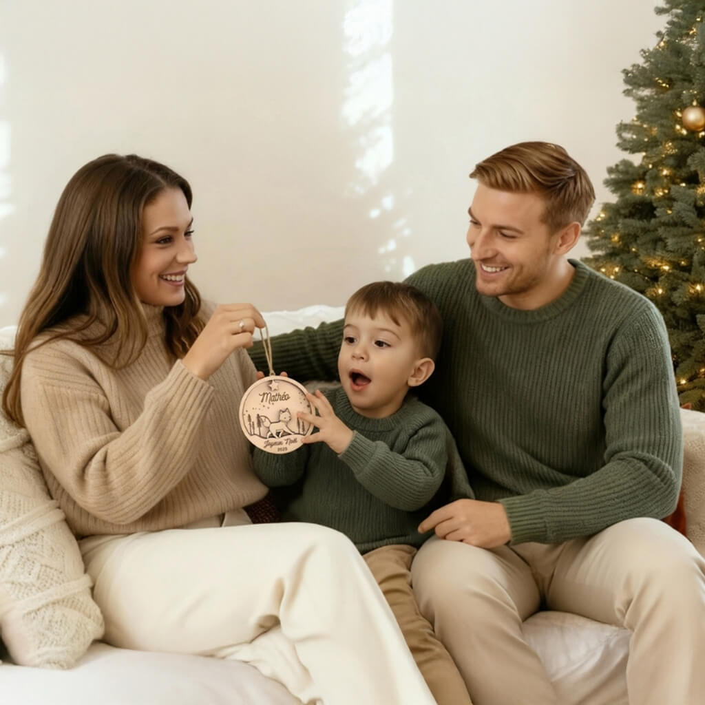 Boule de Noël en bois personnalisée, souvenir de famille transmis de génération en génération au sapin.